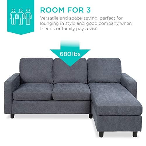Best Choice Products Upholstered Sectional Sofa for Home, Apartment, Dorm, Bonus Room, Compact Spaces w/Chaise Lounge, 3-Seat, L-Shape Design, Reversible Ottoman Bench, 680lb Capacity - Blue/Gray 7