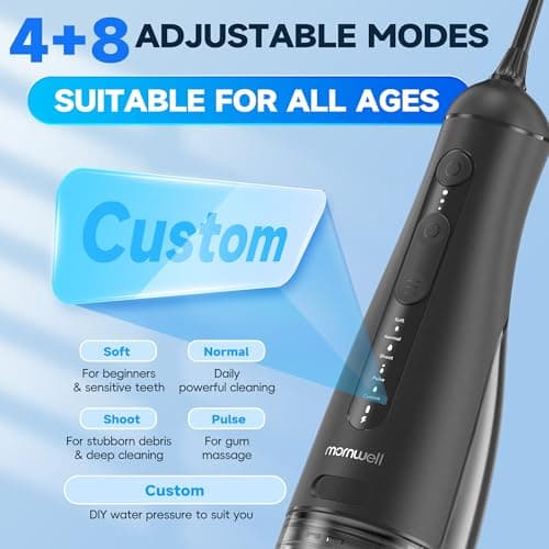 Mornwell Water Dental Flosser Cordless for Teeth Cleaning, 5 Modes Waterproof Oral Irrigator, 300ML Rechargeable Gum Braces Flossers Cleaner, Portable Electric Flossing Machine for Travel Home (Black) 5