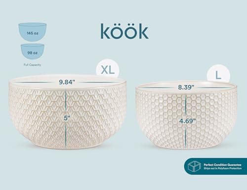 KooK Ceramic Mixing Bowls, Nesting Set of 4, Embossed Kitchen Dishware, Prep, Serving, Gift, Microwave and Dishwasher Safe, 20/44/98/145 oz, Narbonne Collection (Ivory) 7