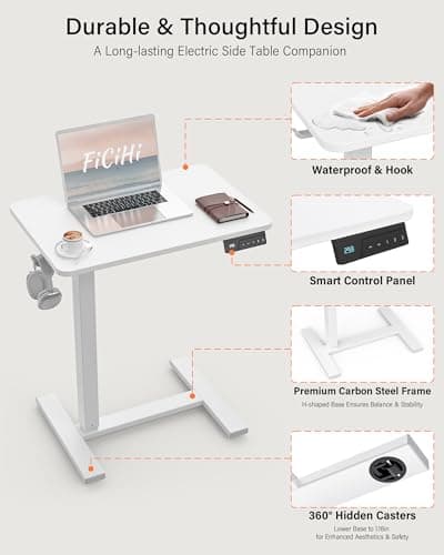 FiCiHi Small Electric Standing Desk - Adjustable Height Bedside Laptop Table with Wheels, Mobile, Portable Rolling Computer Workstation Sit Stand Table for Home Office, Sofa, Couch Use (24x16, White) 7