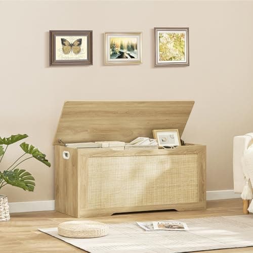 usikey 39.4” Storage Chest, Toy Box with 2 Safety Hinges, Toy Chest for Bedroom, Storage Bench with Storage, Shoe Bench, Supports 220 lb, for Living Room, Entryway, Natural 6