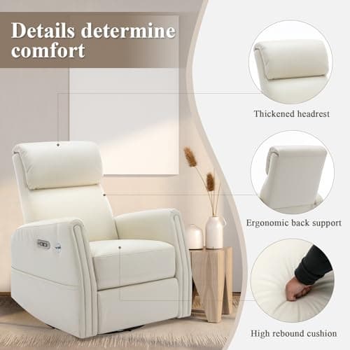 COLAMY Power Recliner Chair Swivel Glider Rocker for Nursery, Upholstered Faux Leather Living Room Rocking Reclining Single Sofa Chair with 2 Device Holders, Beige 6