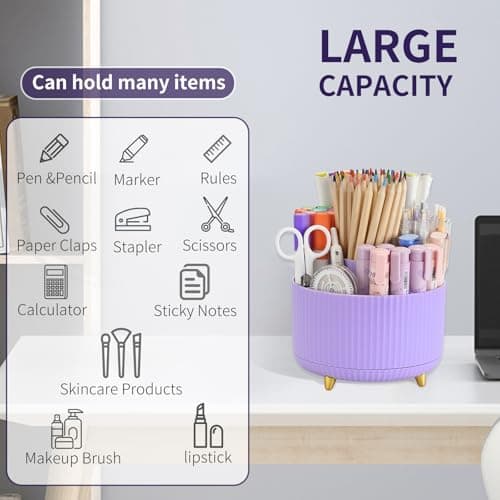 Camelmother Pen Holder For Desk With 5 Slots 360°Rotating Pencil Holder Makeup Organiezr Teacher Supplies Office decor (purple) 5