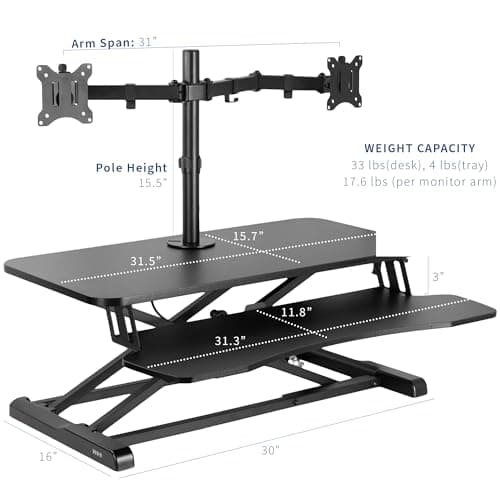 VIVO Height Adjustable 32 inch Standing Desk Converter with Dual 13 to 30 inch Monitor Stand, Sit Stand Monitor Mount and Desk Riser, Black, DESK-V000K-M2 5