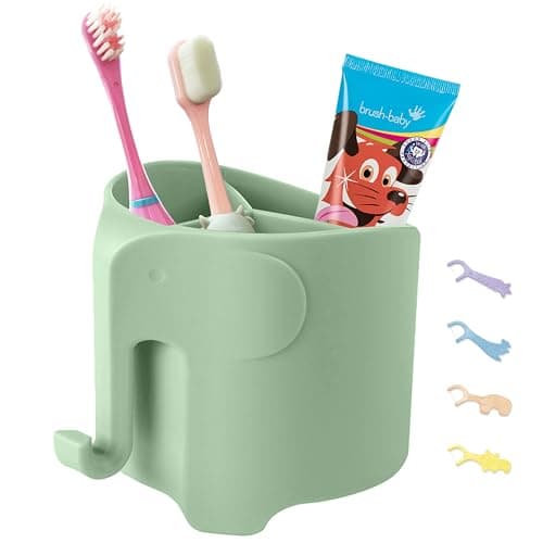 Hippywell Kids Toothbrush Holder, Cute Elephant Toothbrush Holders for Toddler, Toothbrush Toothpaste Holder for Bathroom, Toothbrush Organizer with 3 Slots and a Hook, Green