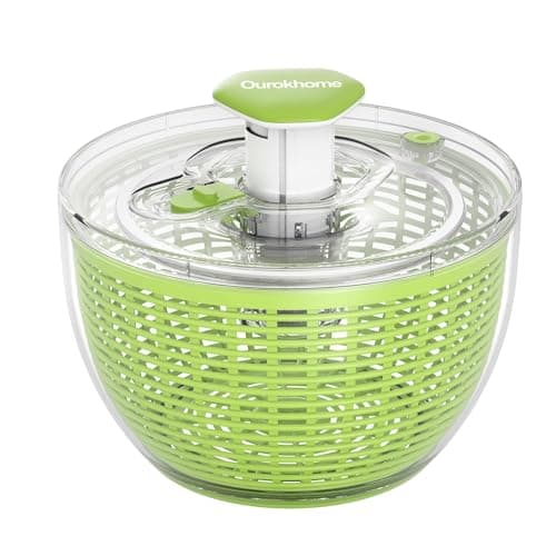 Ourokhome Salad Spinner Lettuce Dryer, One handed Easy Press Large Vegetable Dryer Salad Mixer with Comfortable and Retractable Pusher and Brake Button for Greens, Herb, Berries, Fruit, 6.3 QT, Green