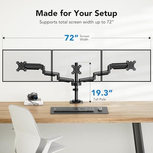 HUANUO Triple Monitor Mount for 13-27 inch Computer Screens, Gaming 3 Monitor Desk Mount with Arm Holds 19.8lbs, Triple Monitors Stand with Tilt, Swivel, Rotation, VESA 75x75, 100x100mm 5