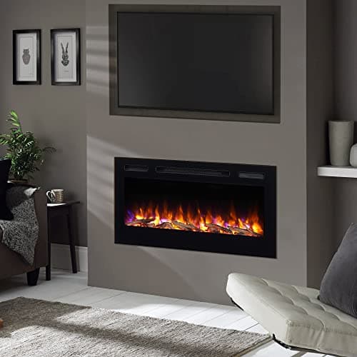 PuraFlame Alice 36 Inches Recessed Electric Fireplace, Flush Mounted for 2 X 6 Stud, Log Set & Crystal, 1500W Heater, Black 7