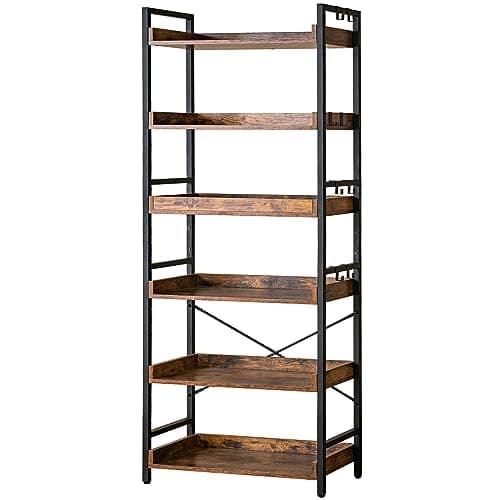 HCHQHS Adjustable 6 Tier Open Bookcase, Rustic Farmhouse Book Shelves, Industrial Wood and Black Metal Bookshelves, Mid Century Bookcase for Home Office Living Room Bedroom