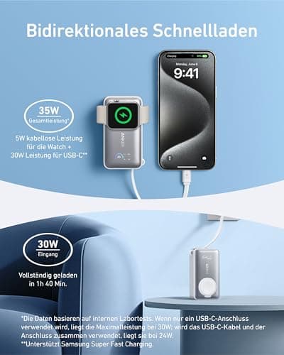 Anker MagGo Power Bank for Apple Watch, Officially Certified 10,000mAh Compact Battery Pack with Built-in USB-C Cable, 35W Max, for iPhone 15 Series, Samsung, iPad, AirPods, and More(White) 6