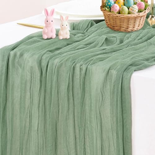 Socomi Sage Green Cheesecloth Table Runner Easter Spring Boho Rustic Farmhouse Gauze 120 inch 10FT Cheese Cloth Runner for Wedding Party Baby Shower Birthday Home Decor Holiday Decorations