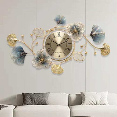 TANWO Wall Clocks for Living Room Decor, Large Wall Clock, 360° Rotate Modern Metal Ginkgo Leaf Silent Decoration Wall Clock for Living Room Bedroom Home (33x19in)