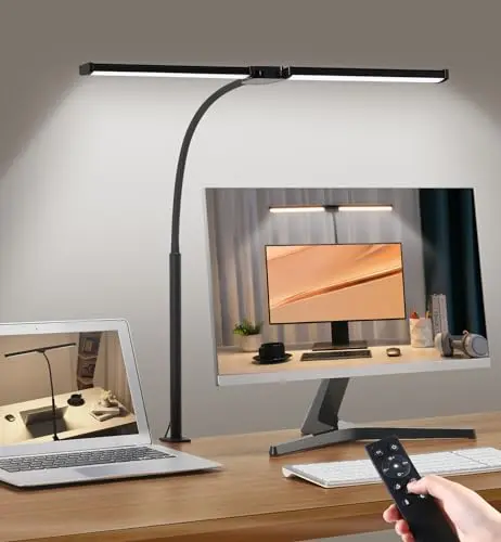 Motumen Led Desk Lamp for Home Office, Eye-Care Architect Light with Clamp, Smart Double Head Computer Monitor Table Clip Lamp, Adjustable Flexible Goose-Neck, 25 Lighting Models, Task Lamp, Black