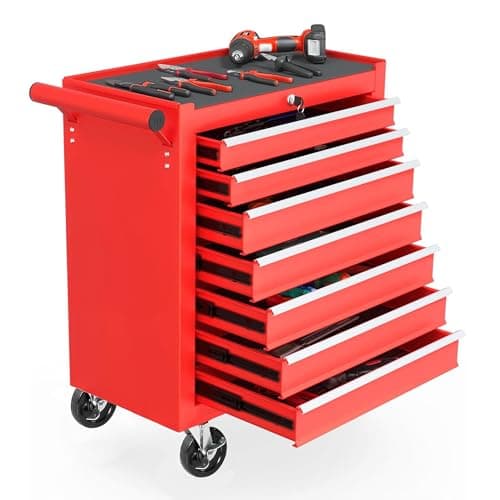 ChicFurnit Tool Chest, Rolling Tool Chest with 7-Drawer, Storage Cabinet with Wheels, Multifunctional Cart Box for Garage, Rolling Cabinet for Warehouse, Workshop, Repair Shop, Red