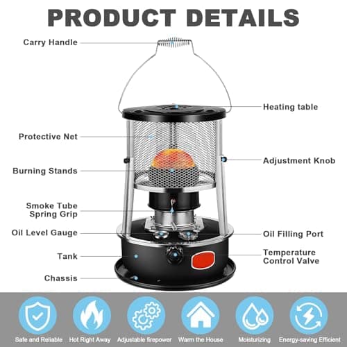 WBNVYLK Kerosene Space Heaters, 9500 BTU/H 2 In 1 Kerosene Heaters, non-Electric indoor/Outdoor Heaters, Height Adjustable Kerosene Stove, for Home, Garage, Basement And Camping And Patio Black. 2
