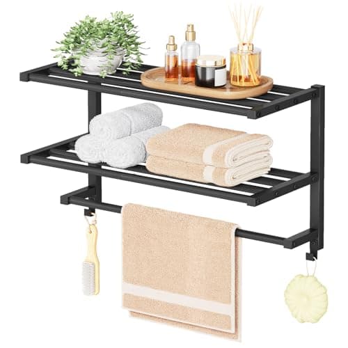 HOOBRO 23.8" Towel Rack for Bathroom, 3 Tier Towel Shelf with Tower Bars, Bathroom Storage Organizer for Towels and Toiletries, Towel Holder Wall Mounted with 2 Hooks, Black BK08LB01