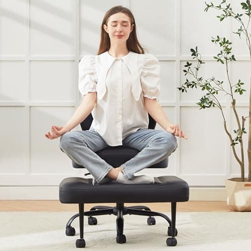 Criss Cross Legged Office Chair with Wheels,Swivel Meditation Chair for ADHD,Ergonomic Cross Legged Desk Chair with Thicken Adjustable Footstool,PU Sitting Fidgeting Kneeling Chair for Home Yoga Black