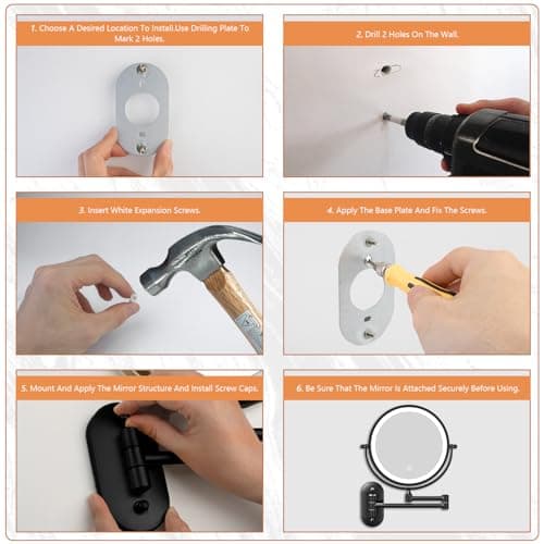 Auxmir 8'' Wall Mounted Lighted Makeup Mirror, 3200mAh Rechargeable Double-Sided 1X/20X Magnifying Mirror with Light, Touch Dimmable 3 Color Light, 360° Rotation Foldable Extended Arm, Black 9