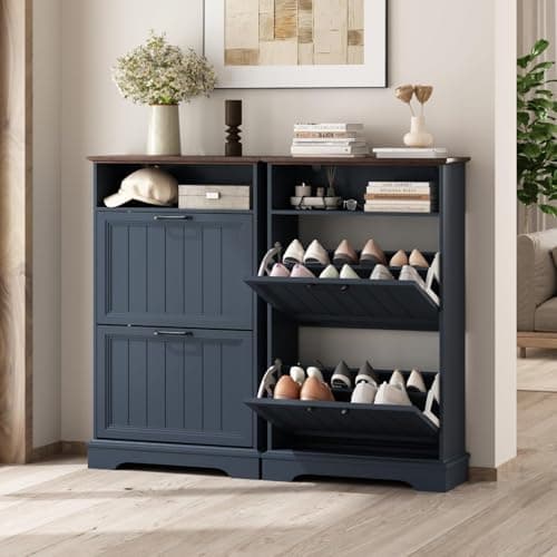 Shoe Storage Cabinet with 2 Flip Drawers, 24" W Farmhouse Modern Hidden Shoes Rack with Adjustable Shelves & Open Storage, Narrow Slim Shoe Organizer for Front Door Entrance, Entryway, Navy Blue 6