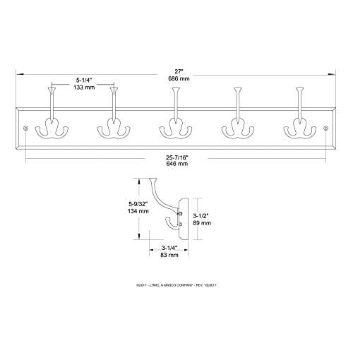 129848 Coat Rack, 27-Inch, Wall Mounted Coat Rack with 5 Decorative Hooks, Satin Nickel and White 8