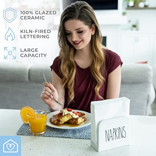 Heartland Home Porcelain White Napkin Holder. Large Napkin Dispenser for Cocktail or Luncheon Napkins. Vertical Napkin Holders for Kitchen, Tables and Outdoor. Farmhouse White and Black Servilletero 6