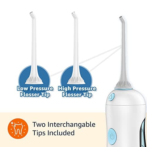 Amazon Basics HydroClean Portable Cordless Water Flosser for Teeth and Gums, 2 Pressure Tips, Removable Tank, 30 Seconds Water Capacity, 2 AA Batteries Included 6