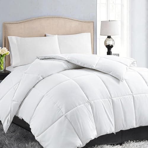 EASELAND Down Alternative Comforter King Size - Quilted Duvet Insert for All Seasons, Soft Cozy with Corner Tabs, Summer Winter Warm Bedding, Pure White 90x102