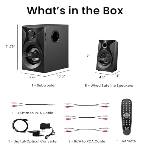 Goldwood Bluetooth 5.1 Surround Sound Home Theater Speaker System with LED Display, FM Tuner, USB/SD Inputs - 6-Piece Set with Remote Control, Black 9