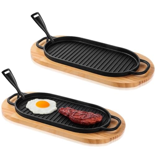 Yiyiring 2 Pcs Cast Iron Fajita Skillet Pan Set Sizzling Steak Plate with Wooden Base and Removable Handle Cast Iron Grill Frying Pan for Home Restaurant Kitchen Cooking (12 x 6.3 Inch)