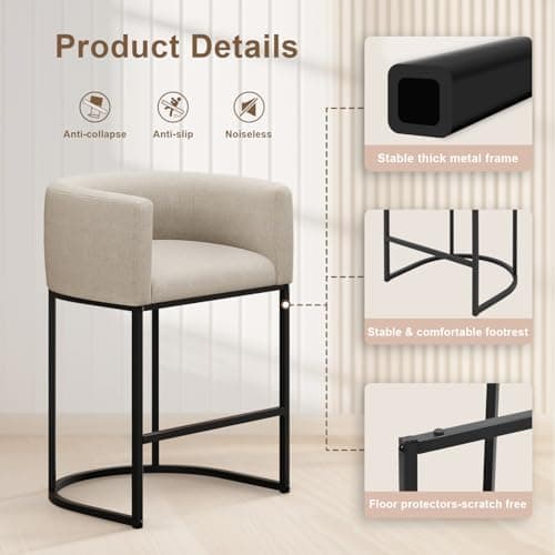 VATROS 26" H Counter Height Bar Stools Set of 3, Modern Barrel Counter Stools with Backrest and Arms, Linen Fabric Upholstered Accent Barstools for Kitchen Island,Support 450 LBS (Beige) 5