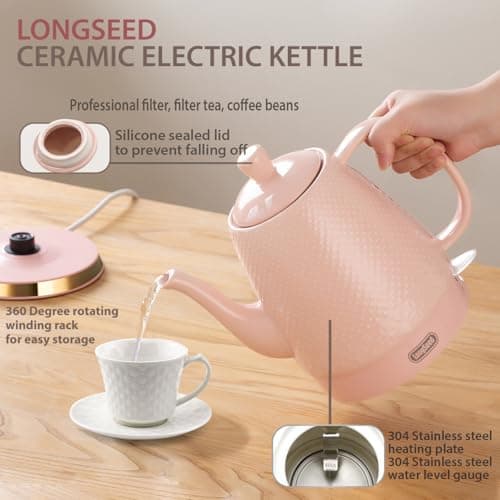LONGSEED 1.2 Liters Ceramic Electric Kettle Pot, Boil Water Quickly and Easily with Boil-Dry Protection, Auto Shut Off, Detachable Swivel Base, Graceful Gooseneck Teapot 1000W, Pink 7