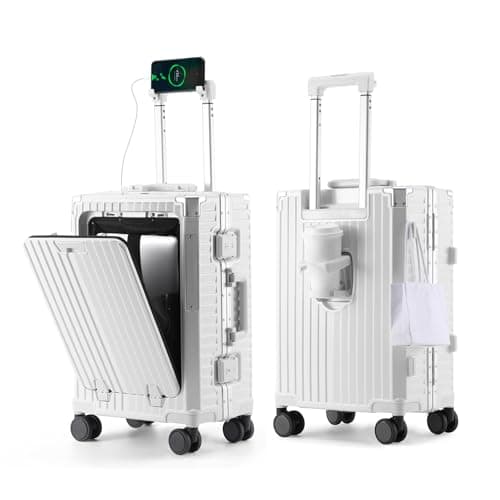 TLIPPY 20" Carry-On Luggage – Airline Approved, Lightweight PC Hardside Suitcase with Spinner Wheels, USB Port, Front Pocket, TSA Lock & Aluminum Frame, White