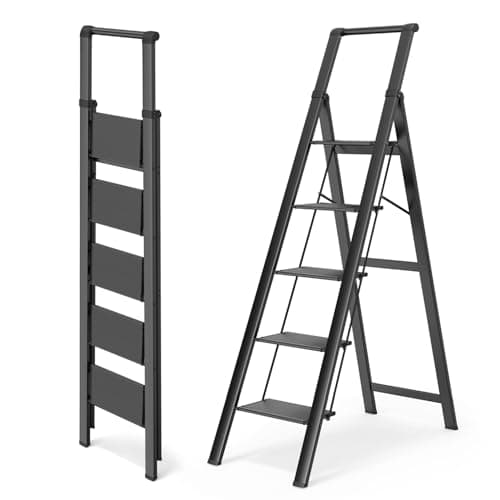 WOA WOA 5 Step Ladder, Ladders for Home, Anti-Slip Pedals, Step Stool Foldable, Lightweight to Move, Ease of Storage, Reach 10ft for Closet Kitchen Library, Hold 300lbs - Black