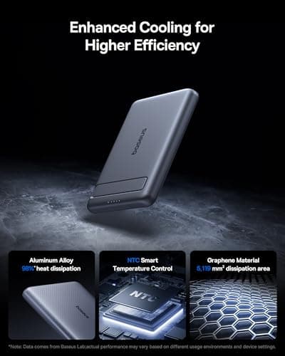 Baseus Picogo Power Bank, Smallest Qi2 Certified 15W MagSafe Portable Charger, 0.5" Ultra Slim 5000mAh Magnetic Battery Pack with Stand, Alloy Wireless Charger for iPhone 17 Pro Max/17 Air/16 Series 5
