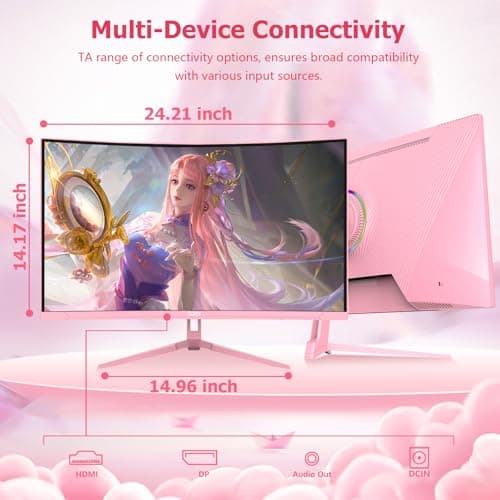 DJiEX 27 inch Curved Pink Gaming Monitor 180Hz,QHD(2560 ×1440),1ms,1800R,VA Screen,FreeSync,Low Blue Light, Flicker Free,Eye-Care, DP, HDMI Port for Gaming Home Office,Supports Wall Mount (75 * 75mm) 8