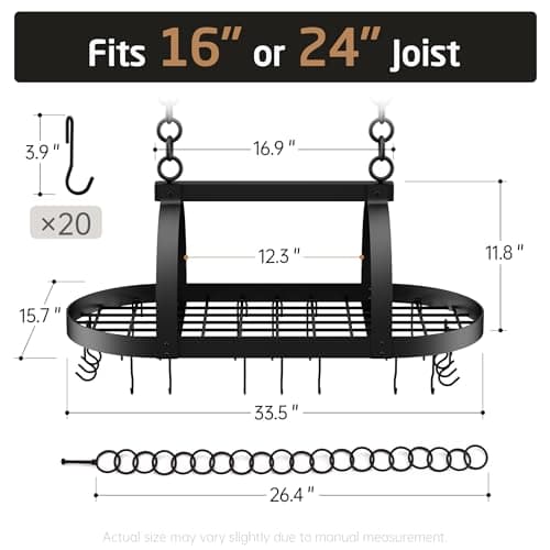 KES Ceiling Pot Rack 34-Inch Hanging Pot Rack for Kitchen Oval Pot and Pan Rack Matte Black Pot Hanger with 20 S Hooks (For 16" and 24" Joist), KUR221S85-BK 8