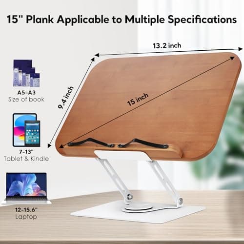 Book Stand for Reading with 360° Rotating Base, Adjustable Book Holder Cookbook Stand for Desk with Book Light, Foldable Desktop Stand for Textbook, Recipe, Sheet Music, Laptop 5