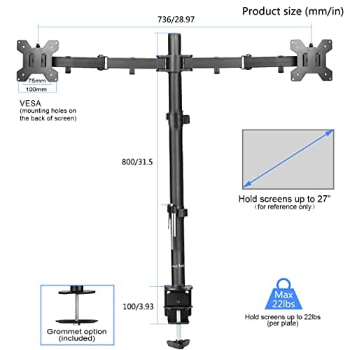 Suptek Dual Monitor Desk Mount, Adjustable Dual Monitor Arm for 2 Computer Screens up to 27 inch, Extra Tall 31.5" Pole Dual Monitor Stand for Desk, Holds up to 22 lbs(MD6842) 2