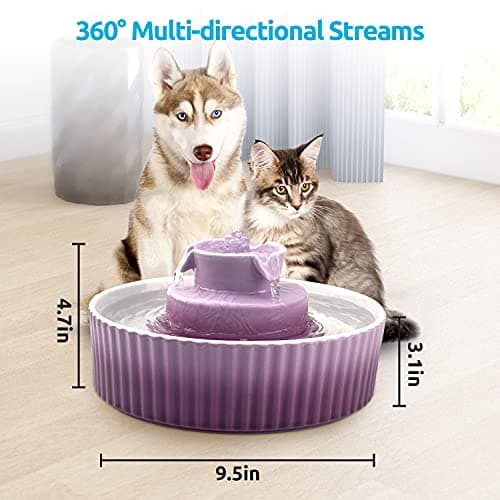 VinDox 2.1L Ceramic Cat Water Fountain-for Cats and Dogs, 360 Ceramic Pet Fountain-70 Oz Large Water Capacity - Whisper-Quiet Water Flow-Great for Shy or Timid Pets - Fresh, Filtered Water(Purple) 7