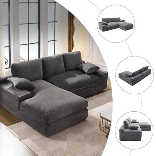 98'' Modular Sectional Sofa, Cloud Sectional Couch with Deep Seat, L-Shape Sofa Couch with Chaise, Convertible Sponge Compression Sofas for Living Room Bedroom, Grey 6