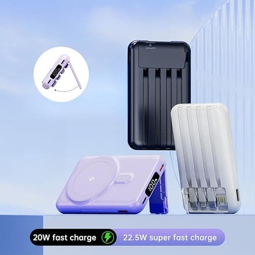 RCHL for Magsafe Portable Charger, 10,000mAh Magnetic Power Bank Built in 4 Cables LED Display and Stand, 22.5W PD Fast Charging Wireless Battery Pack for iPhone 17/16/15/14/13 for Samsung Google 7