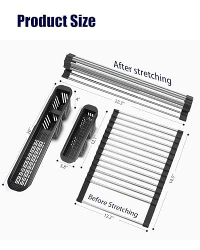 CLNGAI Roll Up Dish Drying Rack,Expandable Over The Sink Dish Drainer,Stainless Steel Kitchen Rolling Sink Rack with Utensil Holder,Length Up to 22.3" (Black) 7