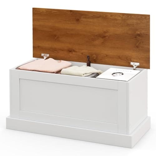 LOKO 35.5” Storage Chest, Lift Top Storage Box with Metal Hinges, Wooden Storage Bench with Safety Hydraulic Strut, Large Farmhouse Storage Trunk for Living Room, Bedroom, Entryway (White & Walnut)
