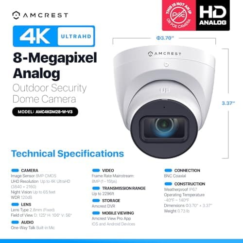 Amcrest Analog 4K Outdoor Security Camera, Turret 8MP @15fps CCTV-Coax-BNC, 65ft Night Vision, 125° Angle, Built-in Mic, White (AMC4KDM28-W-V3), (Not an IP Camera) DVR Required, Not Included 7