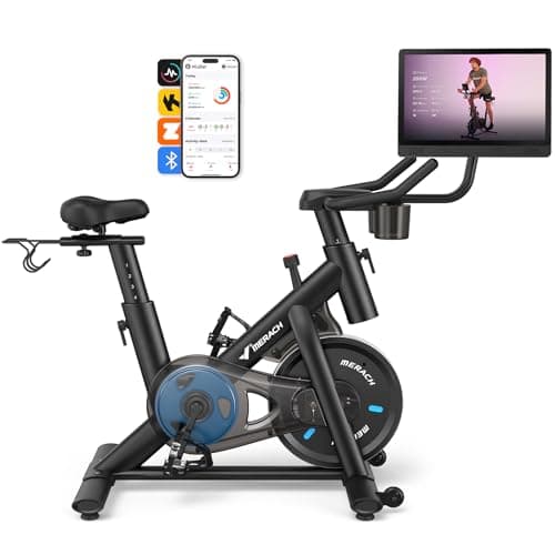 Merach Exercise Bike, Magnetic Stationary Bike with 15.6"HD Screen, Low Noise Indoor Cycling Bike with 300lbs Weight Capacity, Comfortable Bike Seat, Tablet Mount and Fitness Courses for Weight Loss