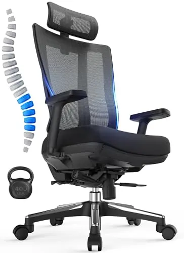 CabeVibe Ergonomic Office Chair for 24H Long Sitting Sciatica and Back Pain Relief，17.8in Max Seat Depth Adjustable 400LB Capacity Big & Tall Home Desk Chair with Armrests Footrest and Headrest
