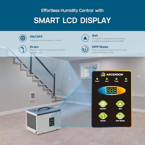 ARGENDON Crawlspace Dehumidifier with Pump, 70 Pint Commercial Dehumidifier for Basement with Drain Hose, Auto Defrost, Memory Starting, Compact, GLGR, Up to 1000 Sq Ft, 5 Years Limited Warranty 5