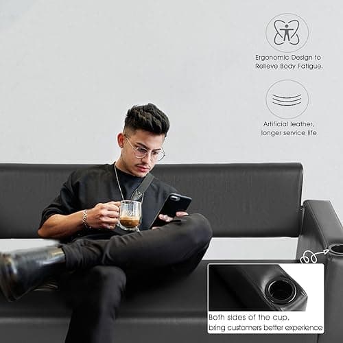 Artist hand Office Reception Chairs Waiting Room Bench Guest Chairs, Leather Bench 60.6'' Conference Room Chairs with 2 Cup Holder Office Couch Stainless Steel Base Chair 6