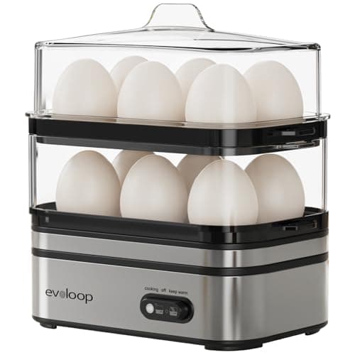 Evoloop Rapid Egg Cooker Electric 12 Eggs Capacity, Soft, Medium, Hard Boiled, Poached, Omelet Maker Egg Poacher & Vegetable Steamer, BPA Free Tray
