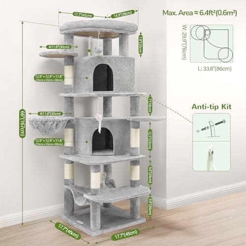 Globlazer Corner Cat Tree for Large Cats, 66inch Tall Curved Series Large Cat Tower for Multiple Indoor Cats with 6 Scratching Posts, 2 Spacious Cat Condos, Hammock, Hanging Basket, C66, Light Grey 7